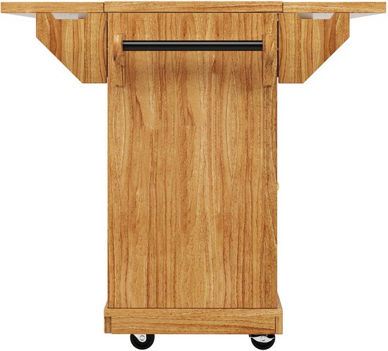 Houten buffetkast met opklapbaar tafelblad, drie lades en een kruidenrekje. Met wieltjes.