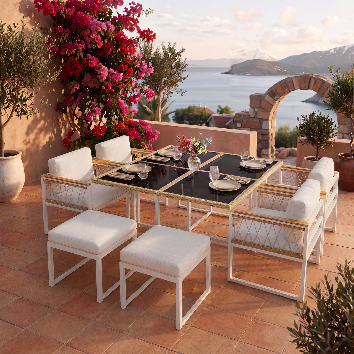Gartentisch - inclusief kussens - weerbestendig - kleur natural,white - polyrattan - metaal - hout