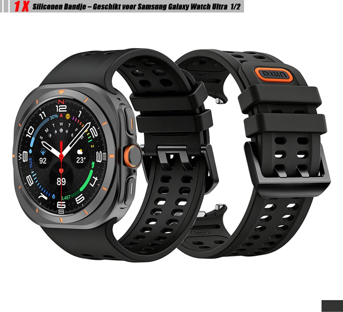 Stravo Zacht Siliconen Bandje – Geschikt voor Samsung Galaxy Watch Ultra 2 47mm (2026) / Ultra 47mm (2024/2025) – Sport Horlogebandje met Dubbele Ventilatiegaten en Gespsluiting – Zwart