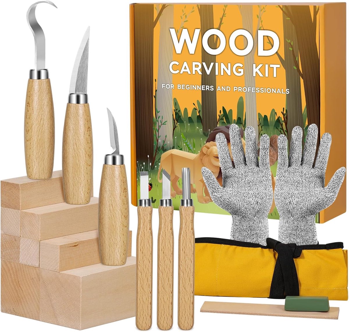 SnelShoppen - 18-in-1 Houtbewerkingsset voor Beginners en Kinderen, Inclusief 8 Linden Houten Snijblokken, 6 Snijmessen, Handschoenen en Roller Bag