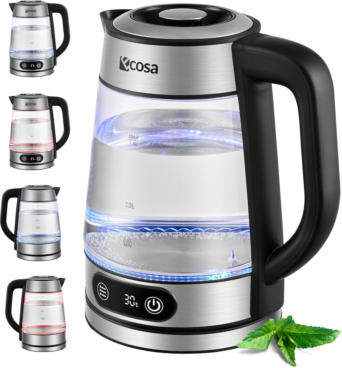 SnelShoppen - Ecosa Waterkoker van Glas met Temperatuurregeling - 1,8L - 2200W - Roestvrij Staal - BPA-vrij - Warmhoudfunctie - LED-verlichting - Idea