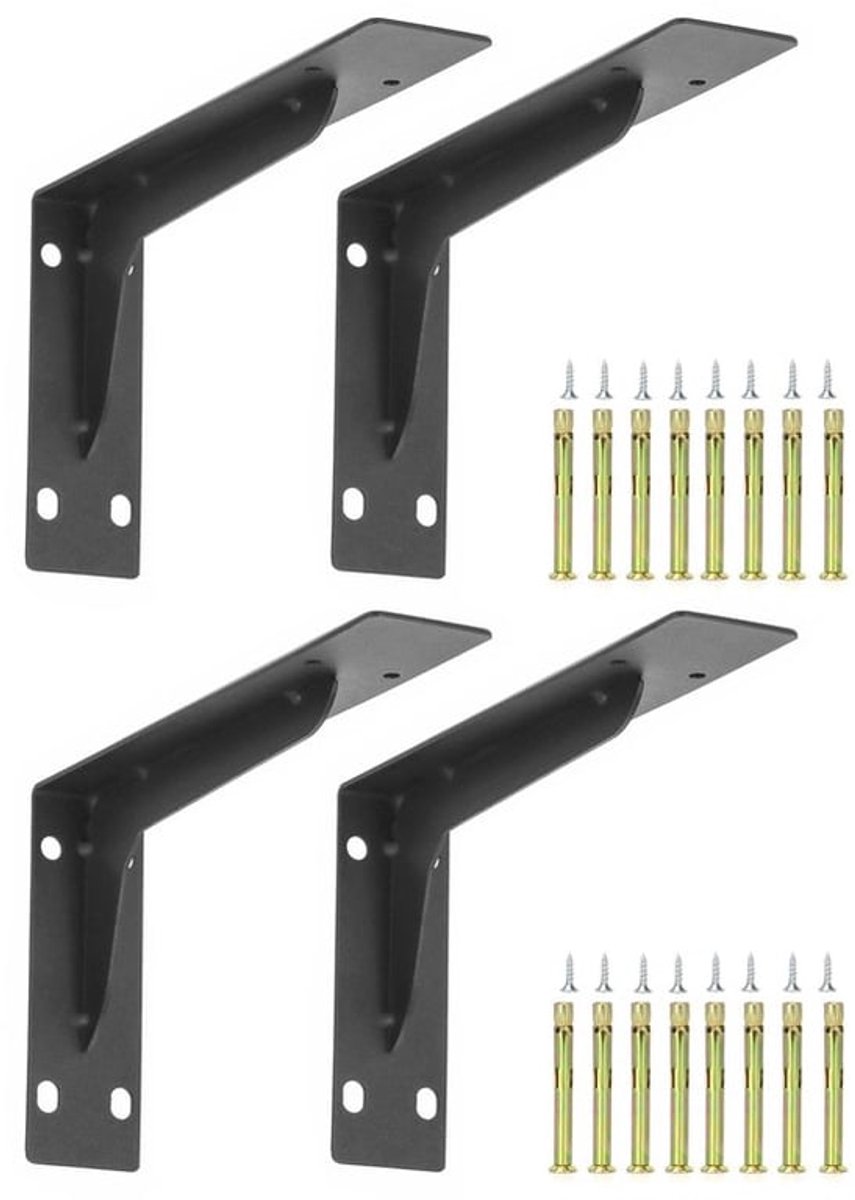 ® Set van 4 metalen plankbeugels Wandplankbeugel Hoek 90 graden Plankbeugel - Massief staal, uit één stuk gevormd - 240 x 145 mm - Maximale belasting 120 kg - Mat Zwart