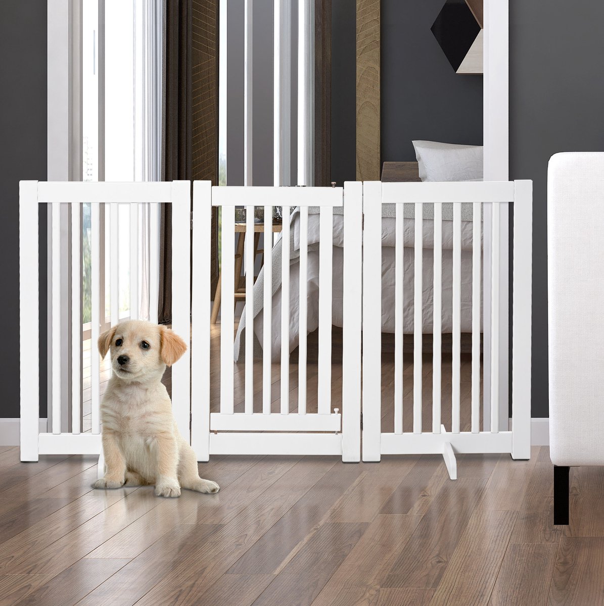 MODENUIT Hondenhek – Vrijstaand en Opvouwbaar – 155 x 1,5 x 76 cm – MDF – Wit – Met Deur en Grendel