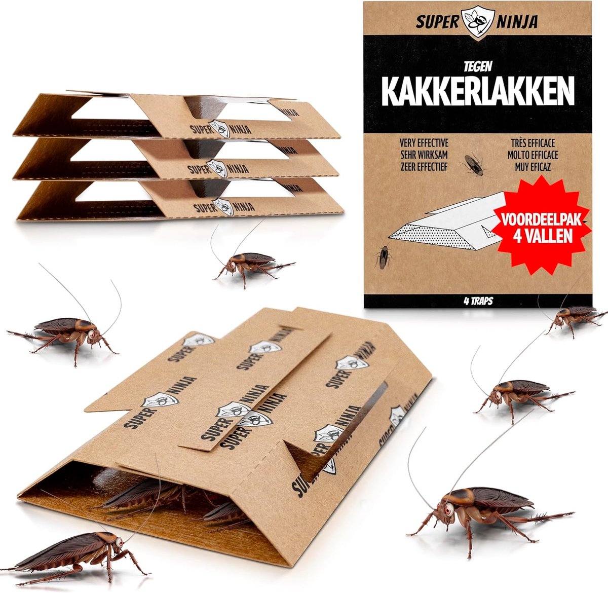 SnelShoppen - Super Ninja Kakkerlakkenval - 4 Stuks Plakval met Aantrekkingskracht, Niet-Toxisch, Effectief voor Binnengebruik, Veilig voor Huis, Gara