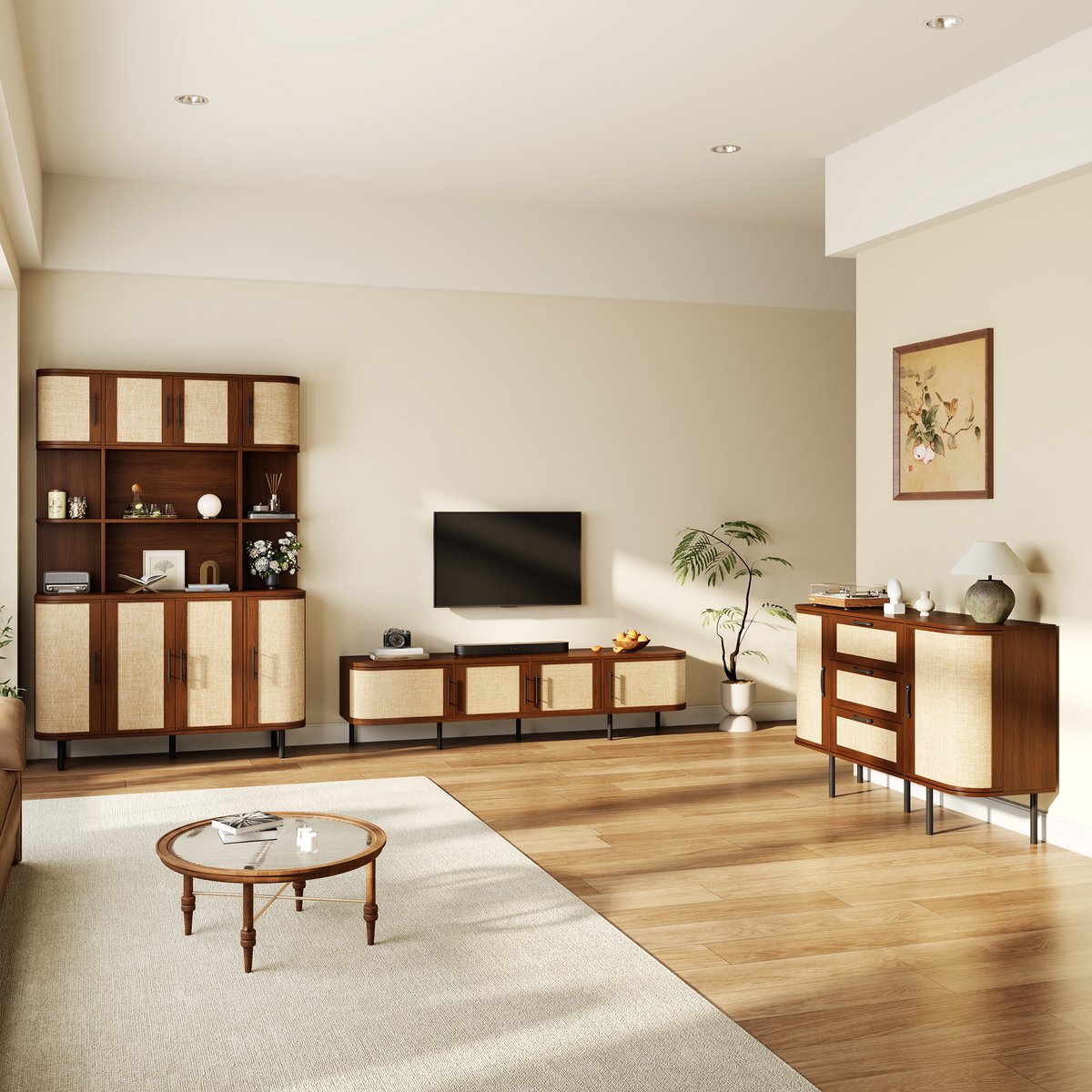 OKWISH Dressoir Set – Televisiemeubel, Sideboard En Hoge Kast – Geflochten Front – Walnoot – Mdf – Modern – 180 Cm