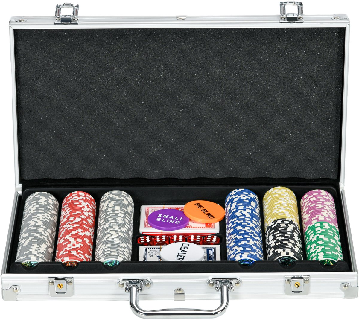 Casino - accessoires en fiches: Pokerset met fiches - pokerficheskoffer inclusief voet - set met 300 fiches - 2 pakken speelkaarten - 5 dobbelstenen