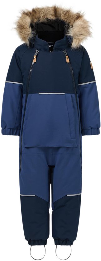 Donkerblauwe en blauwe kinder winteroverall met bontkraag op de capuchon, ritssluiting en reflecterende details.