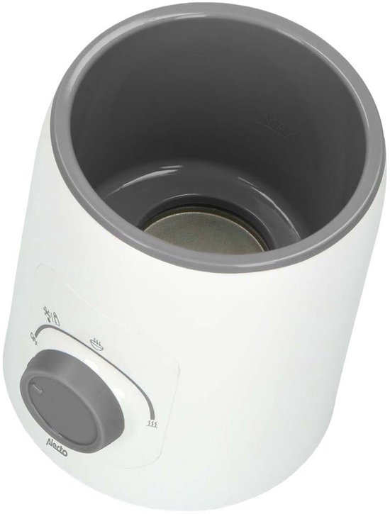 Binnenzijde van de witte Alecto flessenwarmer met grijze rand. Een metalen plaat is zichtbaar op de bodem.