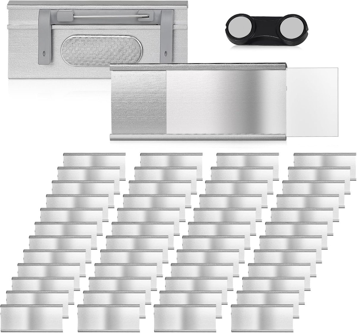 50 x Aluminium Magnetische ID Badges, 72 mm x 31 mm, met Pin en Pocket Clip, Naamlabel voor Werk, Tentoonstelling en School