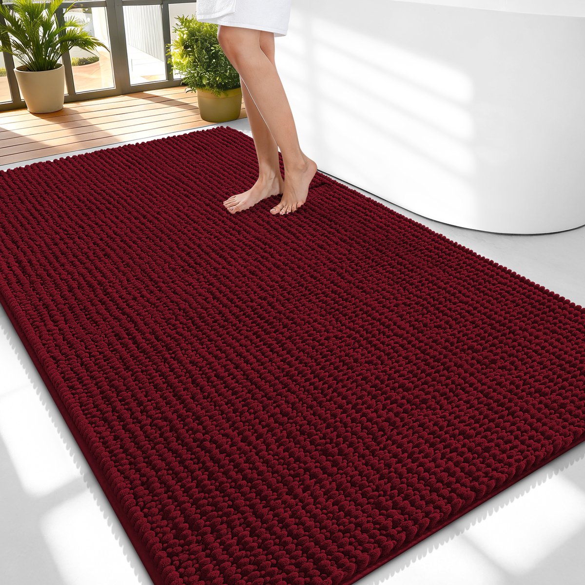 Olanly Badmat Antislip – Chenille Douchemat – Badmat Badkamer – Super Absorberend Deuropmat – Wijnrood – 89X150cm