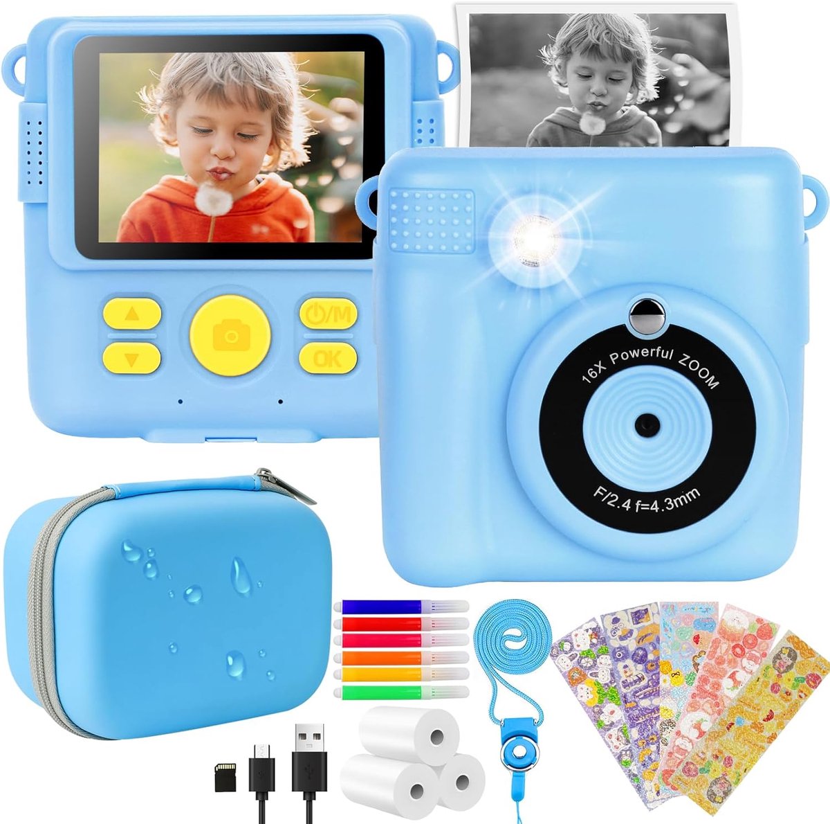 Digitale Kindercamera met Foto Printer - Instant Print Camera - Thermische Printer - Instantcamera Voor Kinderen - 2,4 inch IPS - 16x Zoom - 6 Kleurpotloden & Stickers - 32 GB - Speelgoedcamera - Voor School & Reis & Feest - Blauw