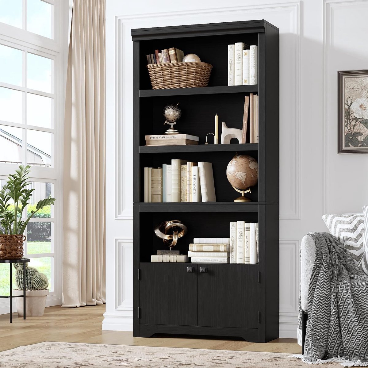 Boekenkast Hoog 5 Lagen met 2 Deuren - 80x29.5x174.5cm - Verstelbare En Uitneembare Planken - Vintage Open Opbergkast - Voor Kantoor Woonkamer - Zwart