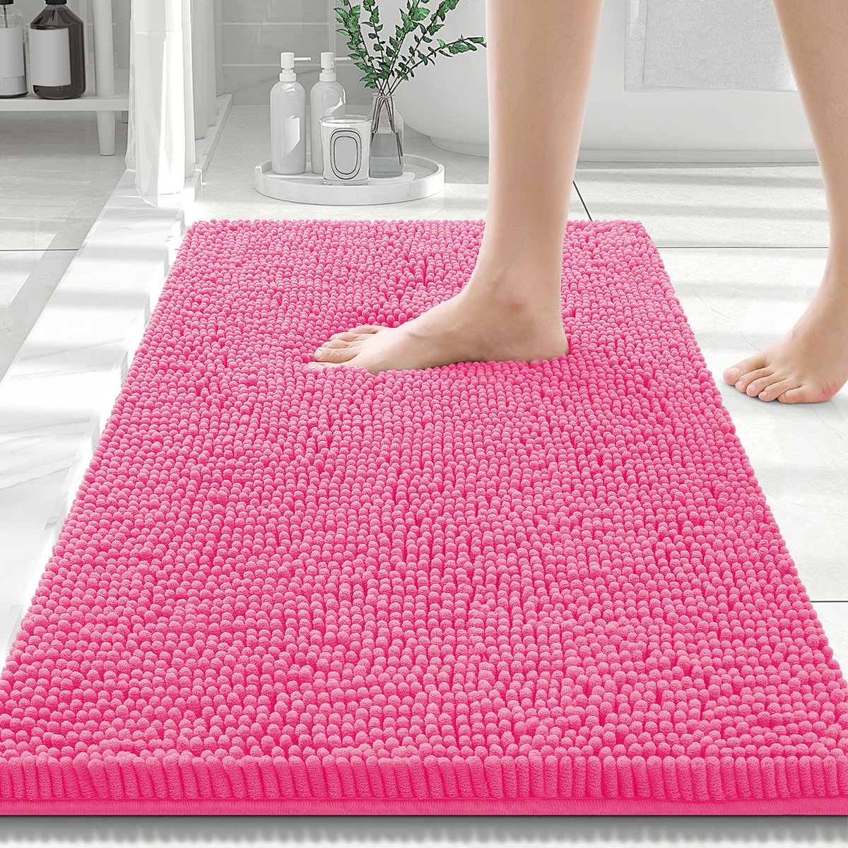 Olanly Badmat Antislip – Chenille Douchemat – Badmat Badkamer – Rozeachtig rood – 51X76cm