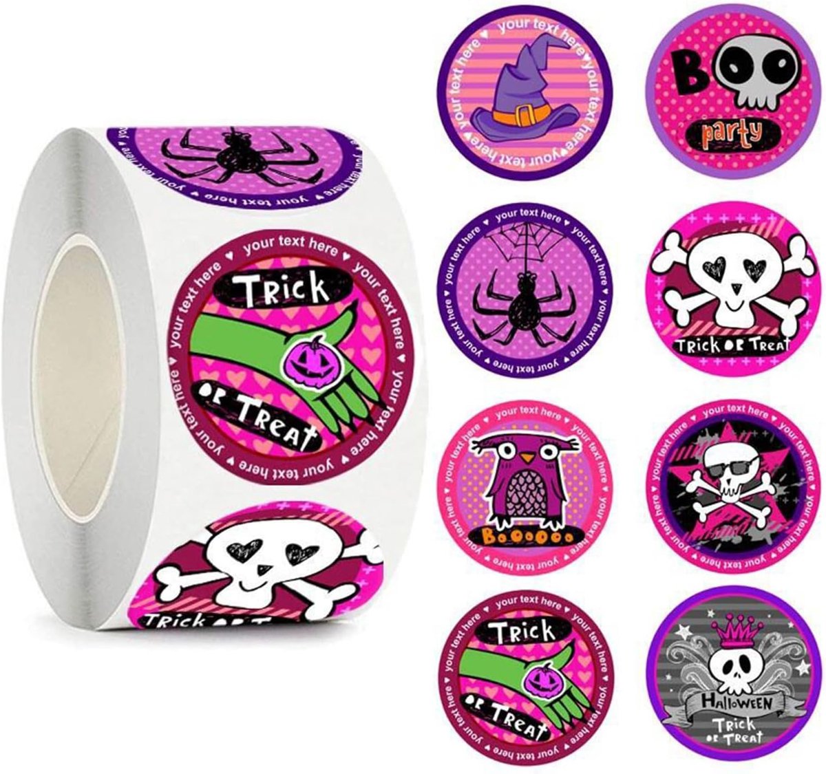 500 Halloween-stickers – 3,8 cm – Met ontwerpen van spoken, spinnen en schedels – Feestelijke decoratiestickers – Zelfklevend – Geschikt voor verpakkingen, enveloppen, knutselwerkjes, snoepzakjes, cadeaus en feestbedankjes