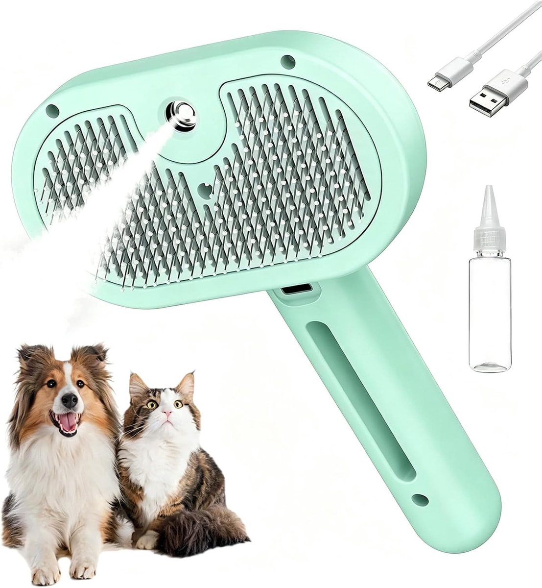Zachte stoomborstel voor katten - Groen - 3-in-1 verzorging - Huidvriendelijke borstel met neveltechnologie - Voor katten en honden