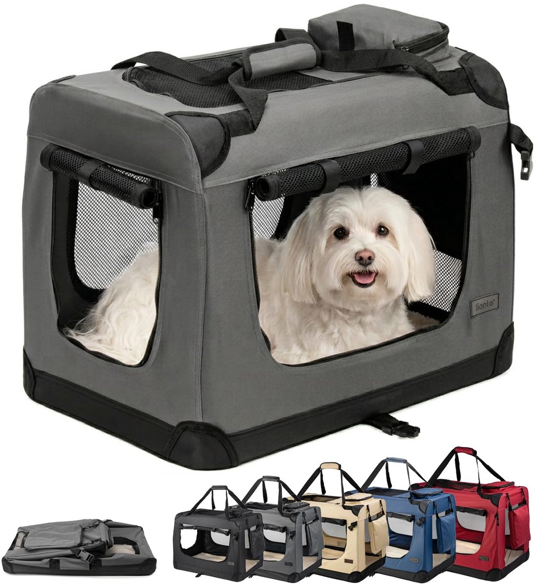 Famanu – Opvouwbare hondentransportbox voor reizen en auto, afmetingen 60x42x44 cm, stevige draagbox met handvaten en deken, geschikt voor huisdieren tot 12 kg, grijs