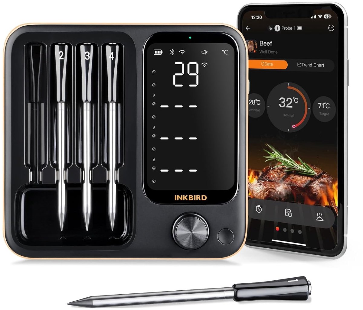 Wifi-thermometer - Zwart - 4 Sondes - Draadloze BBQ Vleesthermometer met App - Voor Barbecue en Keuken