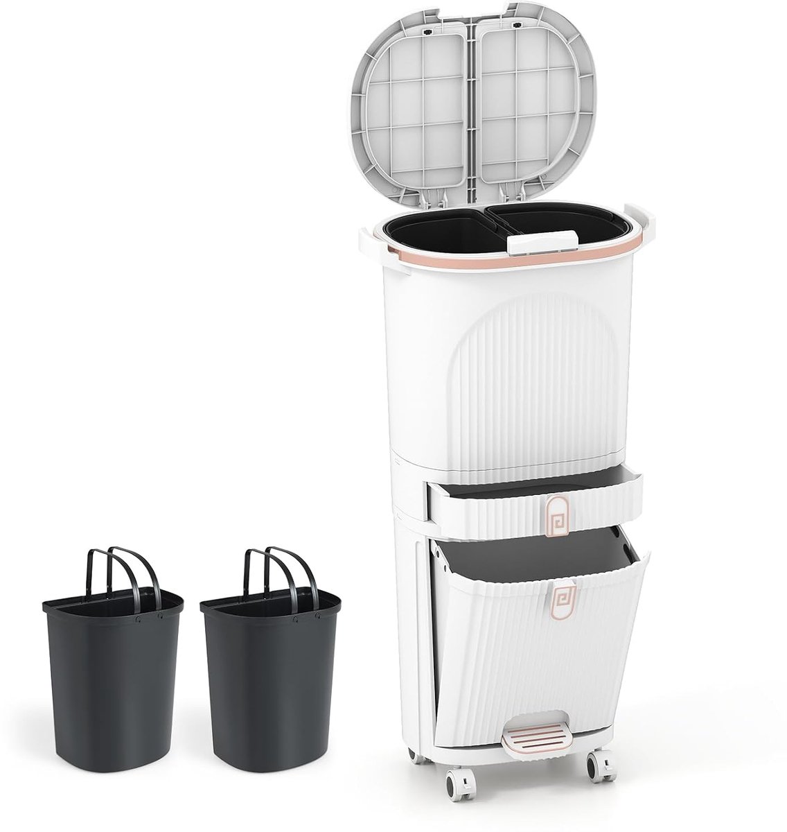 COSTWAY Vuilnisemmer keuken, afvalscheidingssysteem, 3 vakken, 2 x 12 l binnenemmer en 14 l pedaalemmer met wielen, lade, dubbel deksel, pedaal en haken, pedaal voor keuken, badkamer, kantoor (wit)