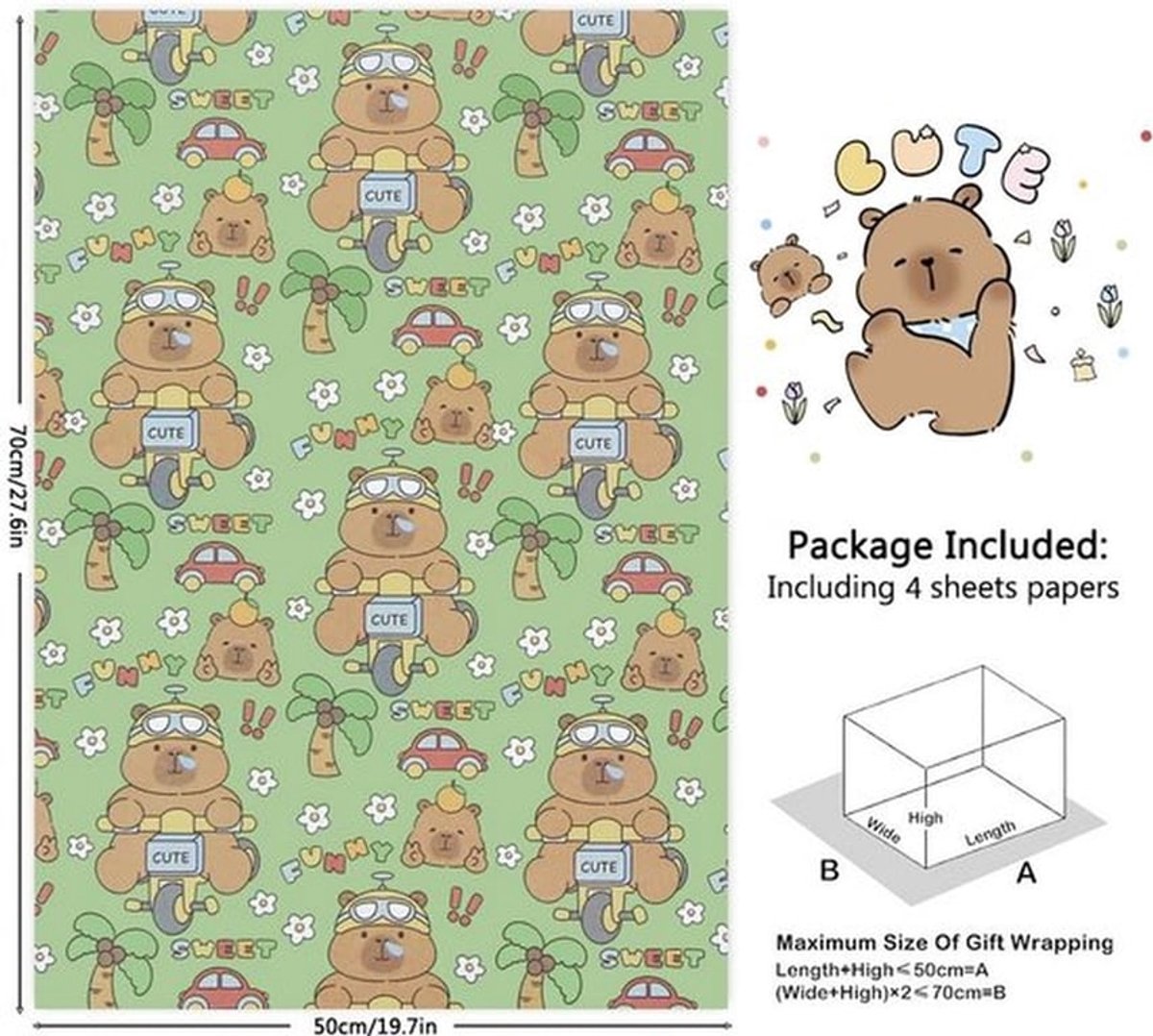 Cadeau-inpakpapier - Leuke Capibara - Vrolijke Cartoon Dieren - Veelkleurig - Perfect voor Feestjes - Kinderen - 4 Vouwblaadjes