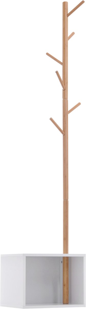 2-in-1 Opbergkapstok - Opbergruimte en kapstok combi - Ruimtebesparend - Stevige constructie - Wit MDF en massief bamboe - Afmetingen 40x30x180 cm