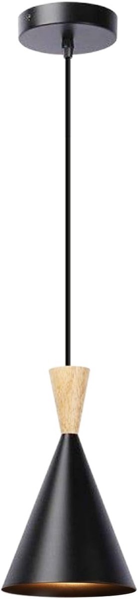 Plafondlamp - Zwart - Ø16 cm x 28 cm - Conische Lampenkap van Gelakt Staal met Houten Detail - Voor Keuken, Eetkamer en Slaapkamer