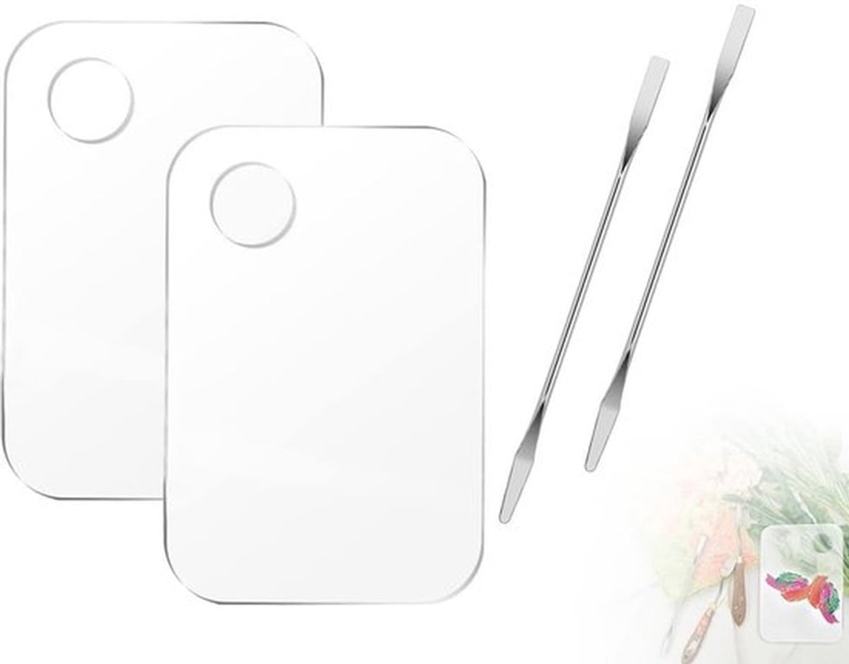 Make-uppalet 2 Stuks - Mengpalet Transparant Acryl - Cosmetica-Palet - Dienblad voor Cosmetica - Inclusief 2 Spatels - Hoge Kwaliteit