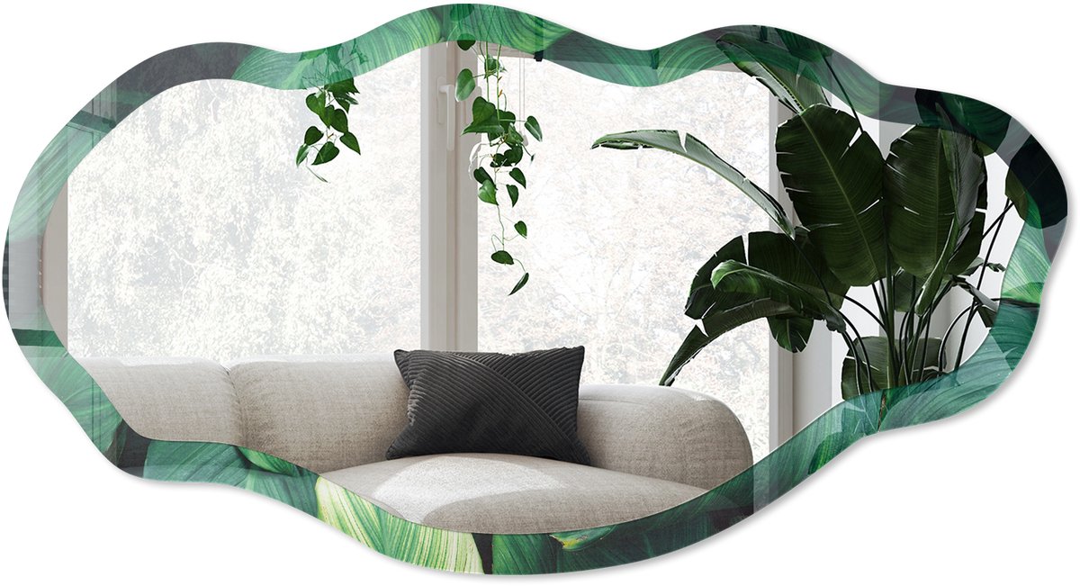 Wallfluent Groene Bladeren Spiegel - Groen Rechthoekige Spiegel Met Modern Design - Organische Spiegel - Woonkamer - Fotografisch - 45x90 cm - Totale afmeting 52x97 cm