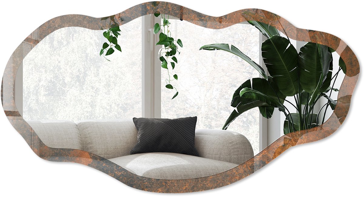 Wallfluent Aardse Textuur Spiegel - Bruin Stijlvolle Wandspiegel - Organische Spiegel - Woonkamer, Badkamer, Kantoor - Industrieel / Loft - 45x90 cm - Totale afmeting 52x97 cm