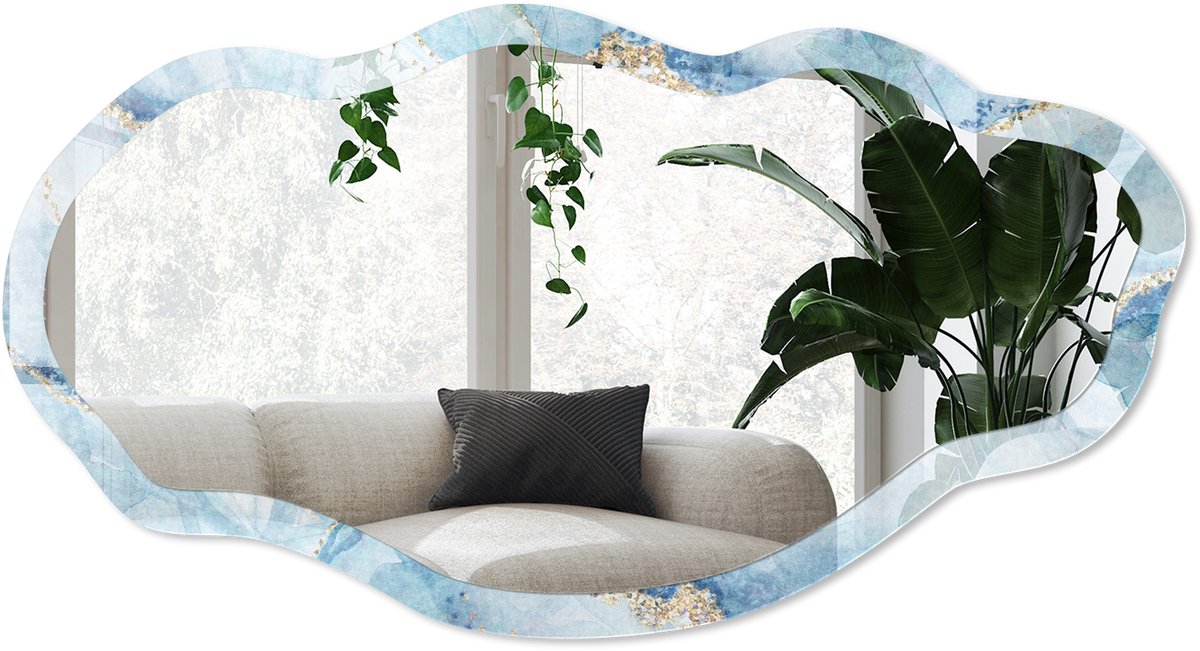 Wallfluent Aquarel Marmer Spiegel - Blauw Stijlvolle Wandspiegel - Organische Spiegel - Slaapkamer, Woonkamer, Badkamer - Aquarel - 45x90 cm - Totale afmeting 52x97 cm