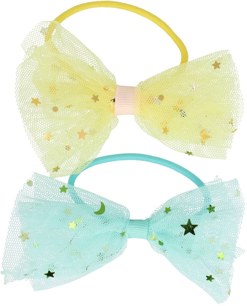 Haarsoires Haarelastieken – Strik 9cm – Tule Stof - Glitters – Geel Blauw – Set van 2