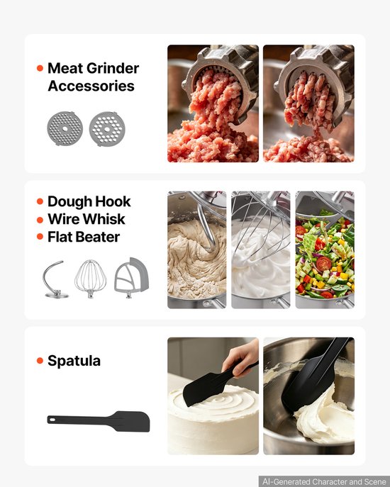 VEVOR Multifunctionele Keukenmachine met Kantelbare Kop 7 liter 2-in-1 1000 W Rood, Mixer voor Deeg, Room, Beslag en Vlees, Kneedmachine met Mengkom, Deeghaak, Klopper en Garde van Vevor — afbeelding 4