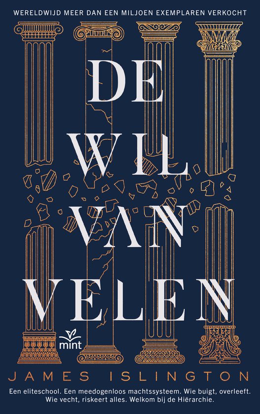 Couverture du livre 'De wil van velen' avec des colonnes classiques dorées sur fond bleu foncé.