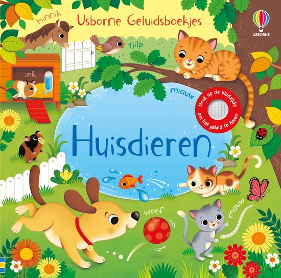 Livre sonore "Animaux domestiques" avec des illustrations joyeuses de chats, un chien, des cochons d'Inde, un cheval et un oiseau.