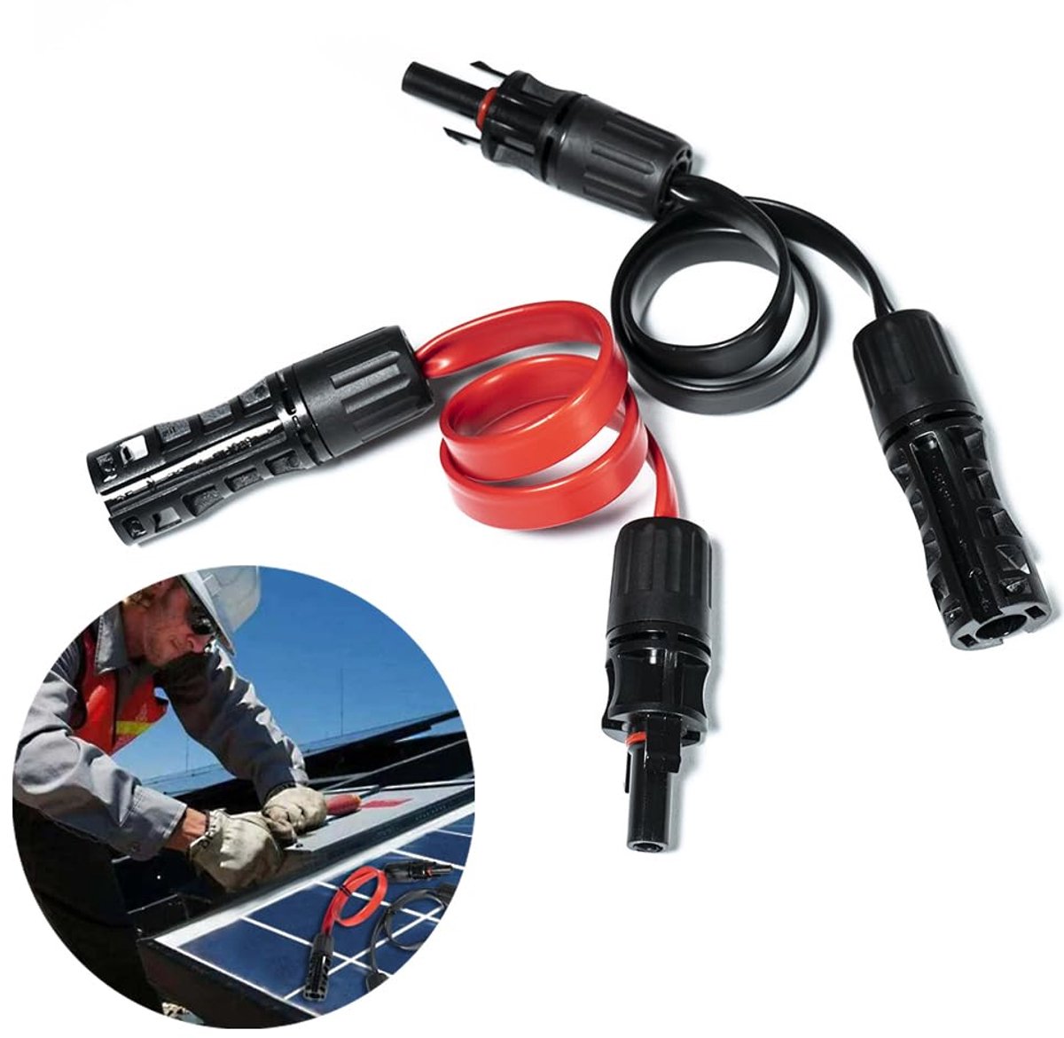Platte kabel voor zonnepanelen 4 mm², 1 paar verlengkabel op zonne-energie 40 cm met stekker en scharnier, platte PV-zonnekabel voor centrale zonnepanelen voor balkon (rood + zwart)