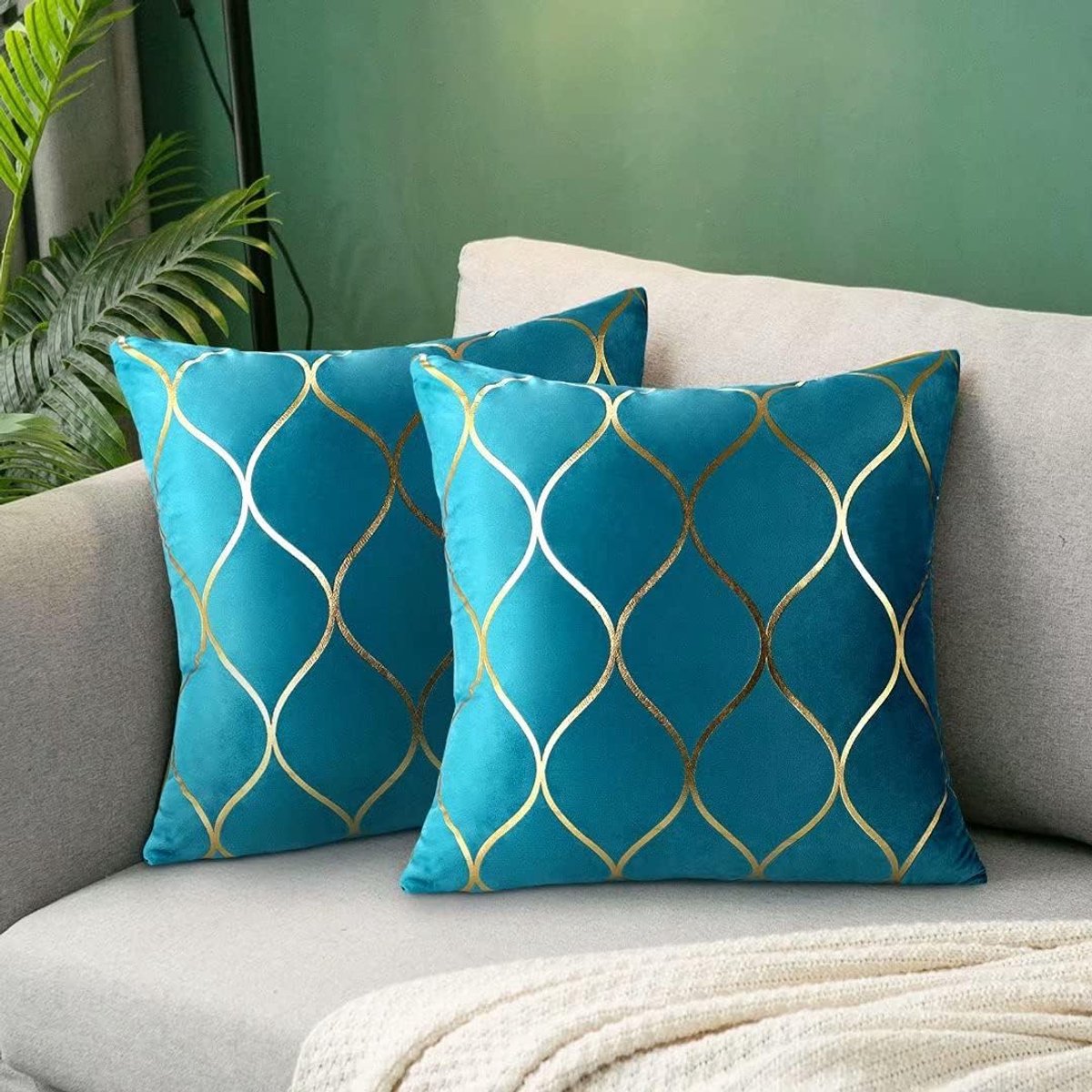 Kussenhoes 40 x 40 cm - Eendblauw - Velvet met gouden patroon - Perfect voor woonkamer - SnelShoppen