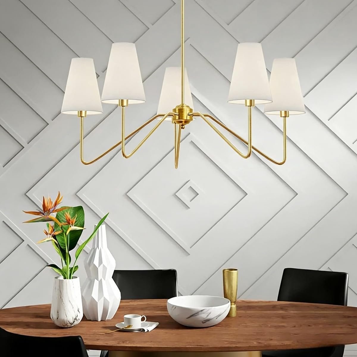 Chandelier woonkamer 5 lichten - goud met witte stoffen kap - hoogte verstelbaar - sfeervolle verlichting - SnelShoppen