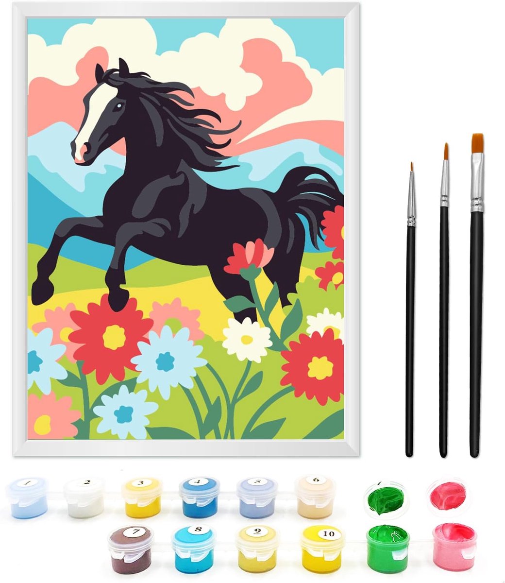 Schilderen op nummer voor kinderen 18 x 24 cm - Paard in bloemenzee - met lijst en acrylverf - SnelShoppen