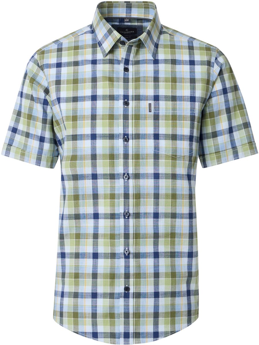 CASA MODA Sport casual fit overhemd - korte mouw - chambray - groen - blauw - wit - geel geruit
