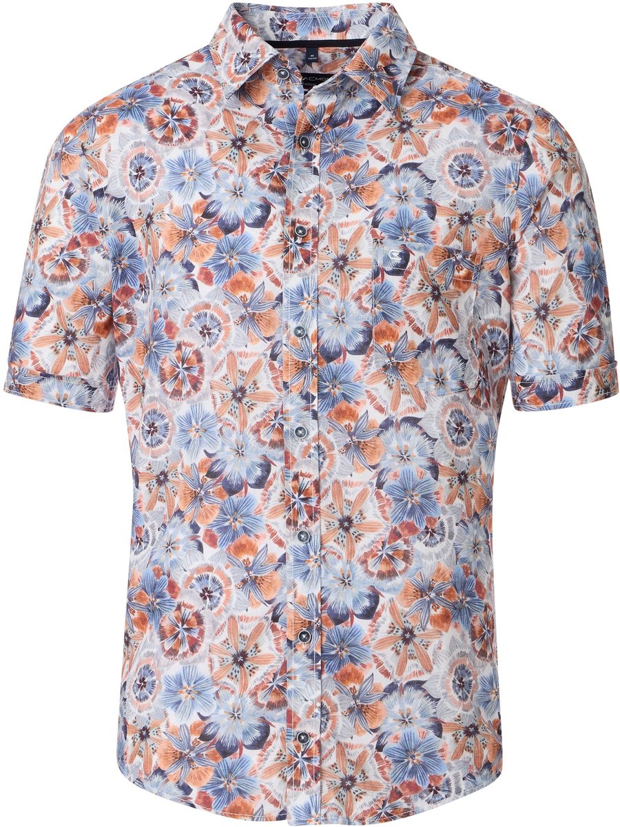 CASA MODA Sport casual fit overhemd - korte mouw - popeline - donkerblauw - wit en beige dessin