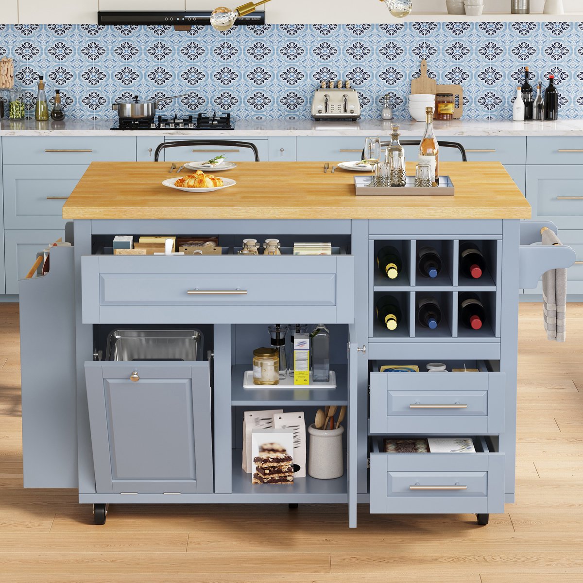 MODFU - Keukenwagen - Opklapbaar Werkblad - Laden - Blauw - Metaal En MDF