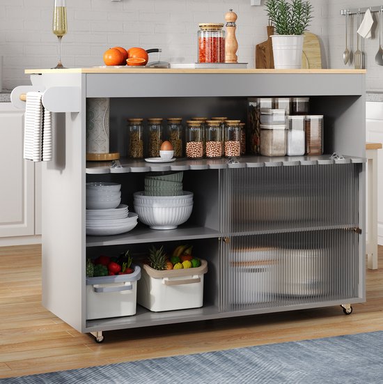 MODFU-Keuken Eilandwagen-Opklapbaar-Gehard Glas-Fineer-MDF-Grijs-122 X 46(69) X 91 Cm van modfu — afbeelding 2
