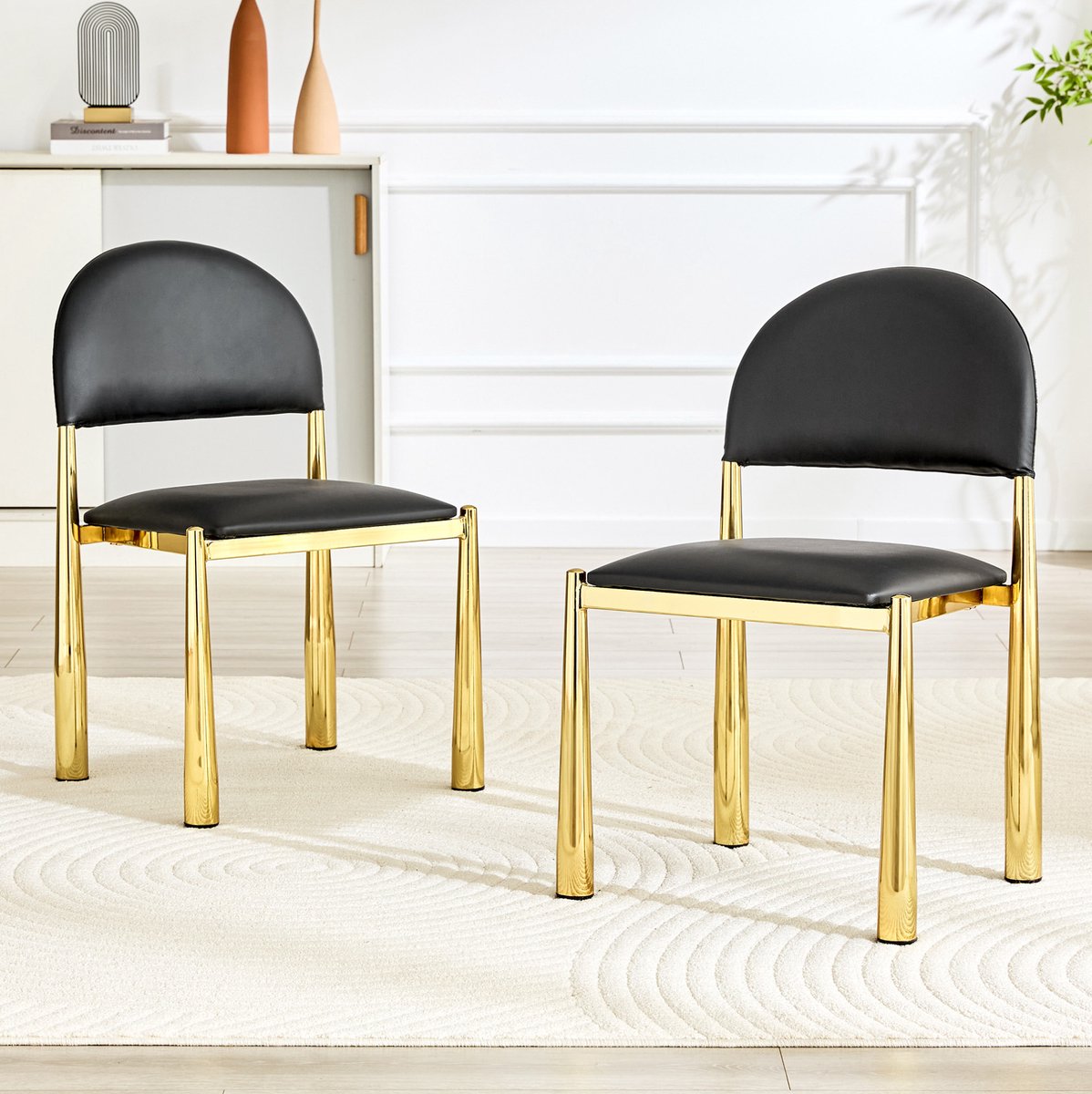 FloraGrace Eetkamerstoelen 2-Delige Set - Half Ronde Rugleuning - Kunstleer - Metalen Poten - Modern Design - Keuken en Eetkamer - Zwart