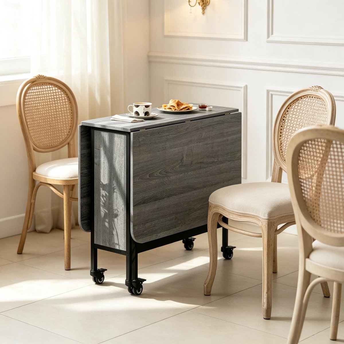 Tafel - Opklapbare Uitschuifbare Eettafel Met Wielen En Opbergruimte - Voor Kleine Ruimtes En Woonkeuken - Grijs - 130x80x74 Cm