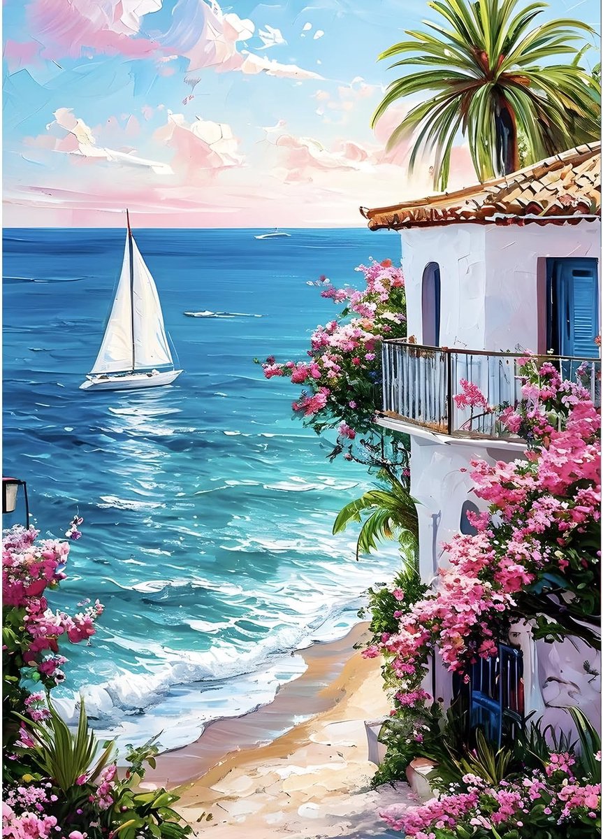 5D huis aan zee Diamond Painting Kit voor volwassenen beginners zeelandschap diamant kunst kits volledige doe-het-zelf wilde bloemen diamant borduurset perfect voor ontspanning en decoratie 30