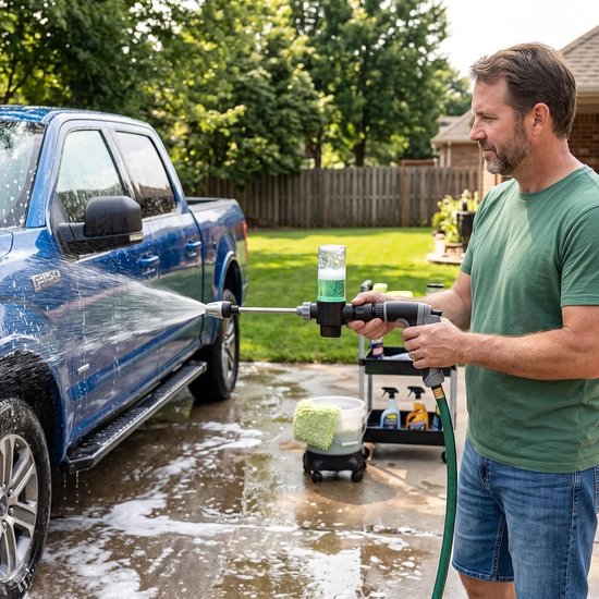 Jet hogedrukpistool, Powerjet water met instelbare sproeiers - Handreinigingsapparaat met schuimreservoir, 3 sproeimodi, voor tuinslang, autowassen, terras — afbeelding 4