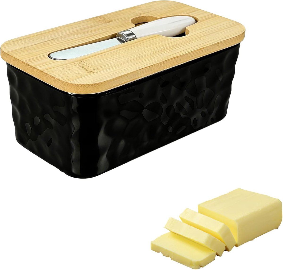 Botervloot van keramiek, boterbel met mes en houten deksel, grote botervloot, porselein voor 300 g boter, boterbel voor huishouden en keuken (zwart)