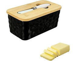 Botervloot van keramiek, boterbel met mes en houten deksel, grote botervloot, porselein voor 300 g boter, boterbel voor huishouden en keuken (zwart)