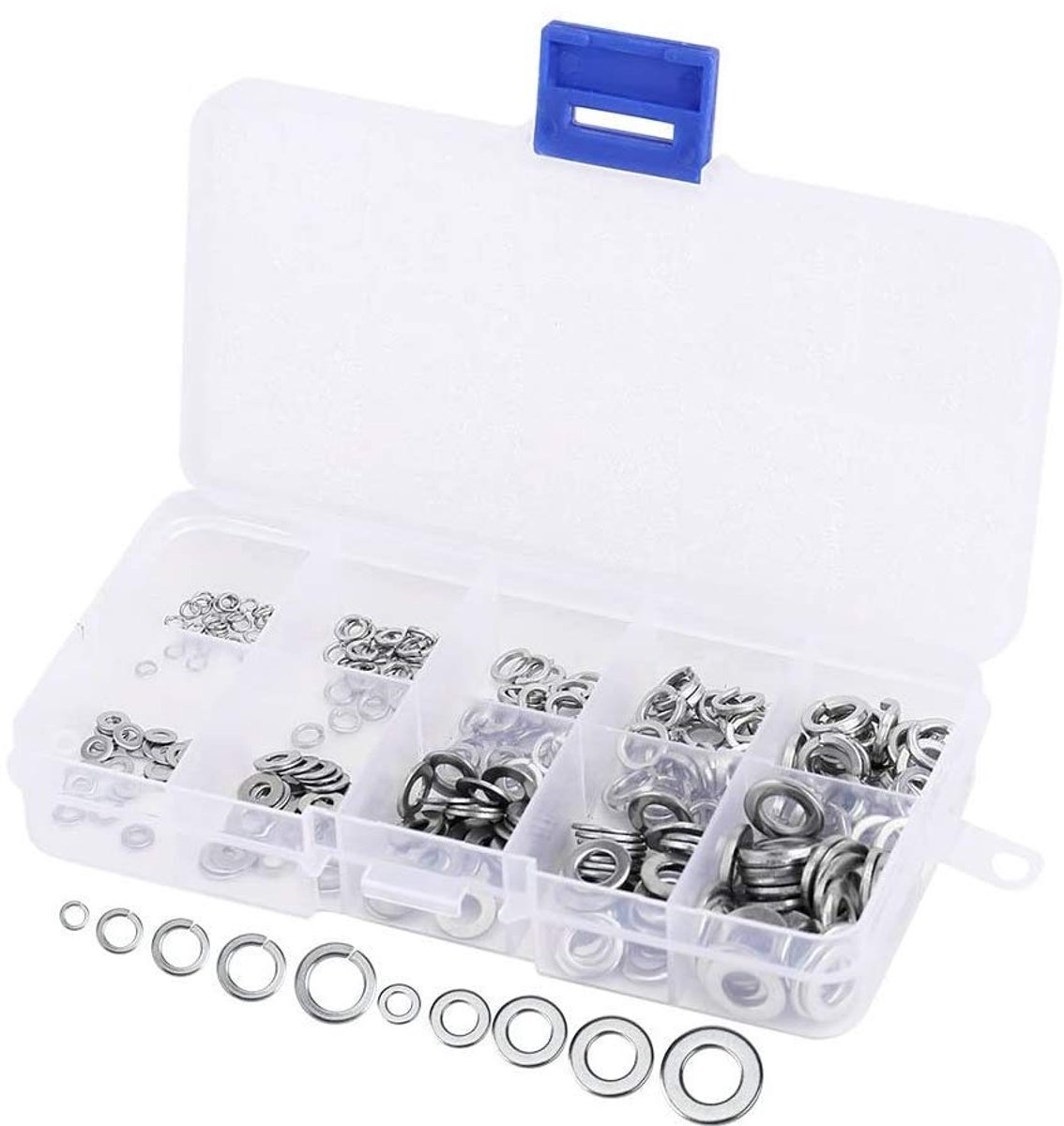Set van 300 stuks roestvrij stalen sluitringen, veerspatborden, sluitringen, assortimentsset met kunststof behuizing voor M2, M3, M4, M5, M6 schroeven