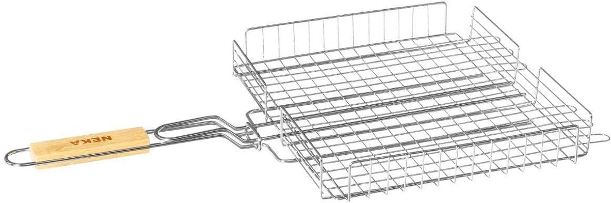 Grillrooster rechthoekig 31 x 34 cm - chroomstaal met houten handvat - ideaal voor barbecueën - SnelShoppen
