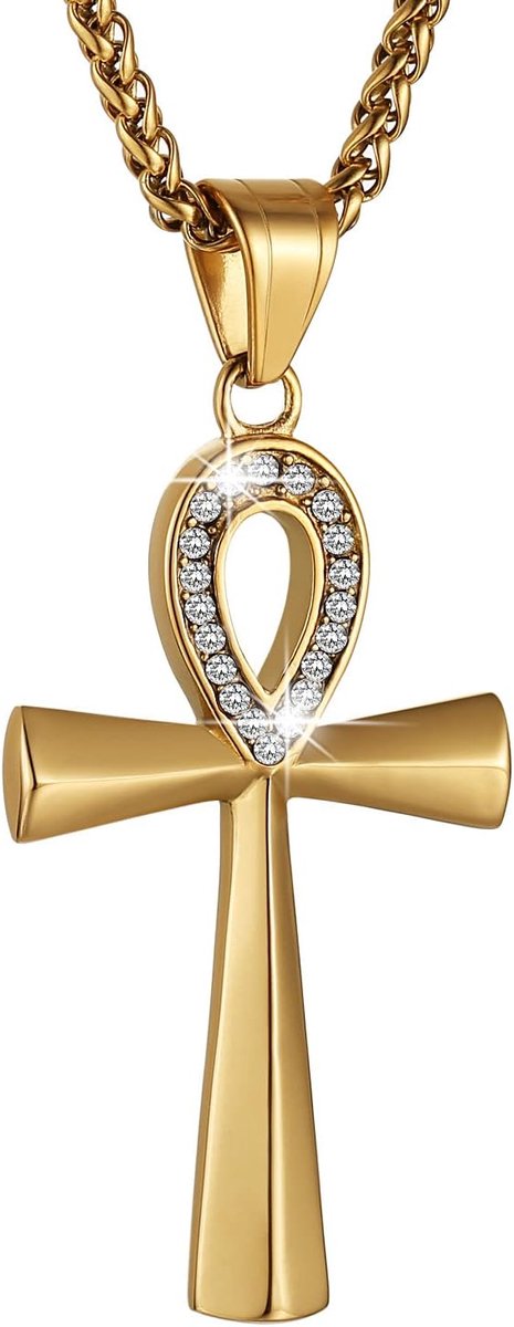 Koptische Ankh Cross Religieuze hanger ketting voor heren, roestvrij staal, 22+2 '' touwketting